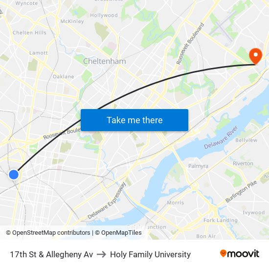 17th St & Allegheny Av to Holy Family University map