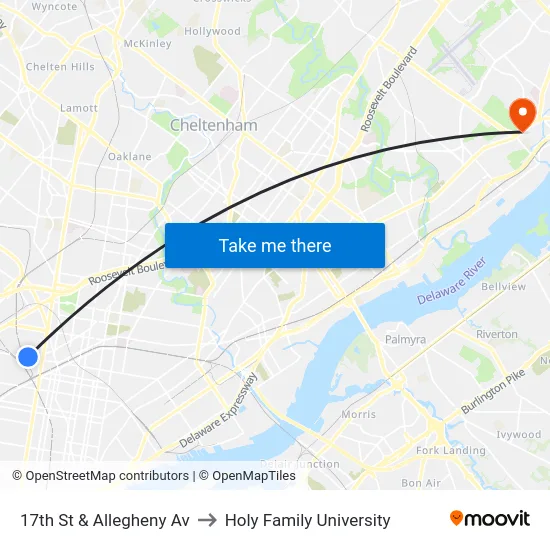 17th St & Allegheny Av to Holy Family University map