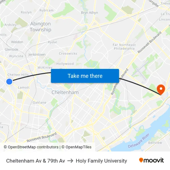 Cheltenham Av & 79th Av to Holy Family University map