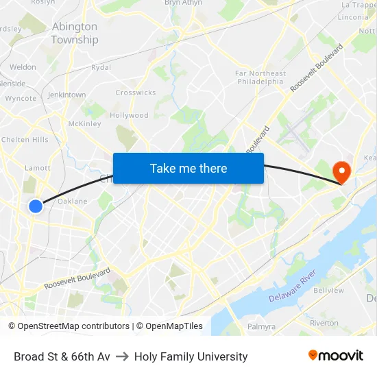 Broad St & 66th Av to Holy Family University map