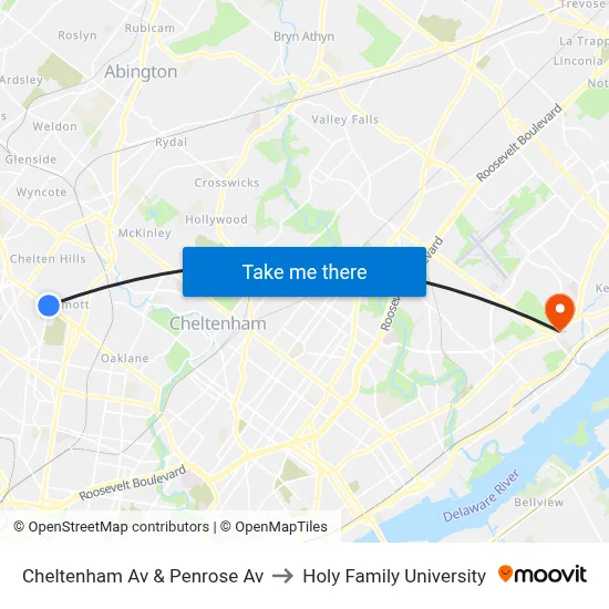 Cheltenham Av & Penrose Av to Holy Family University map