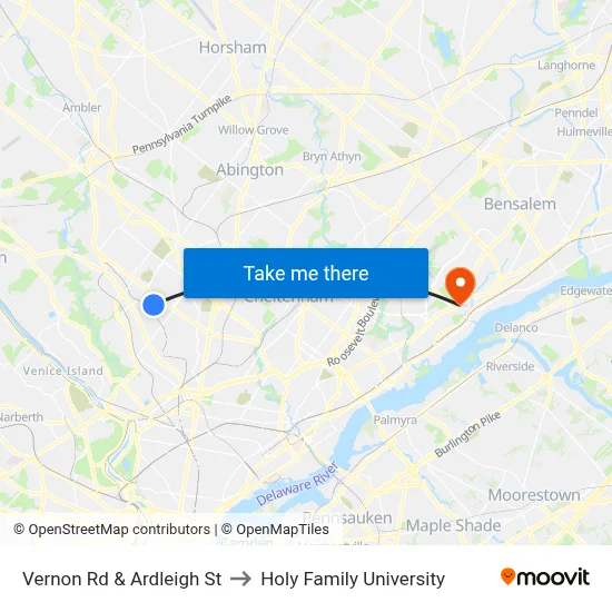 Vernon Rd & Ardleigh St to Holy Family University map