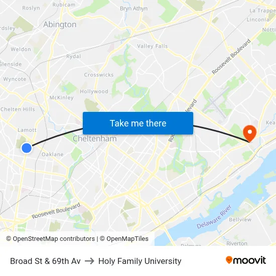 Broad St & 69th Av to Holy Family University map