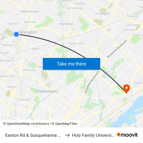 Easton Rd & Susquehanna Rd to Holy Family University map