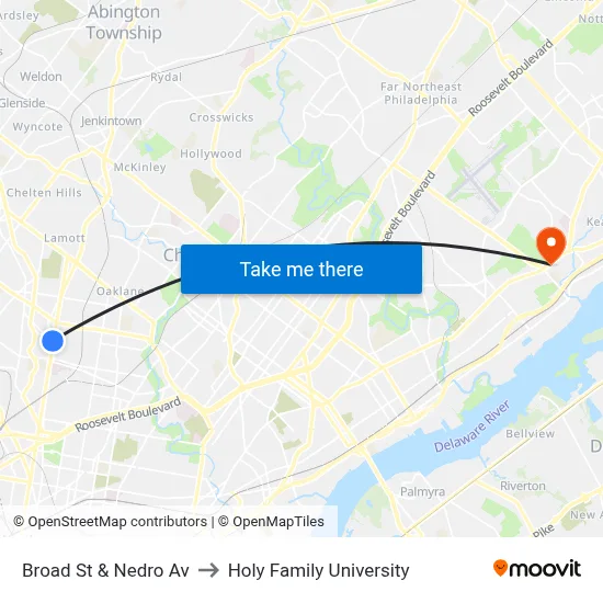 Broad St & Nedro Av to Holy Family University map