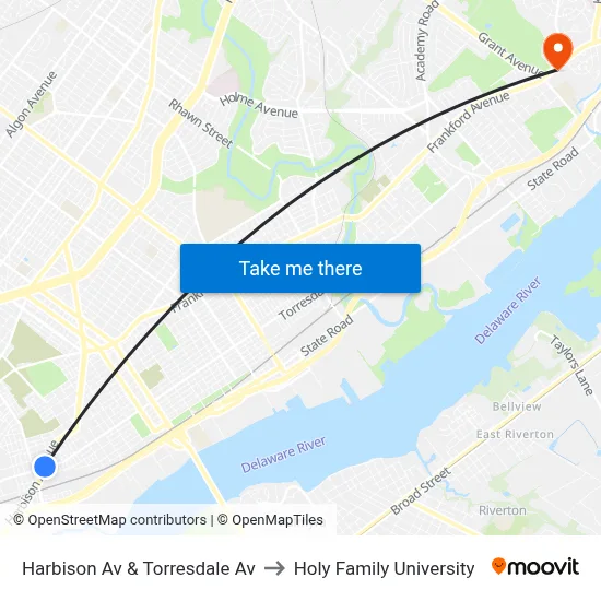 Harbison Av & Torresdale Av to Holy Family University map