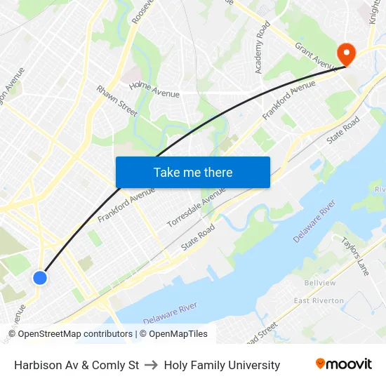 Harbison Av & Comly St to Holy Family University map
