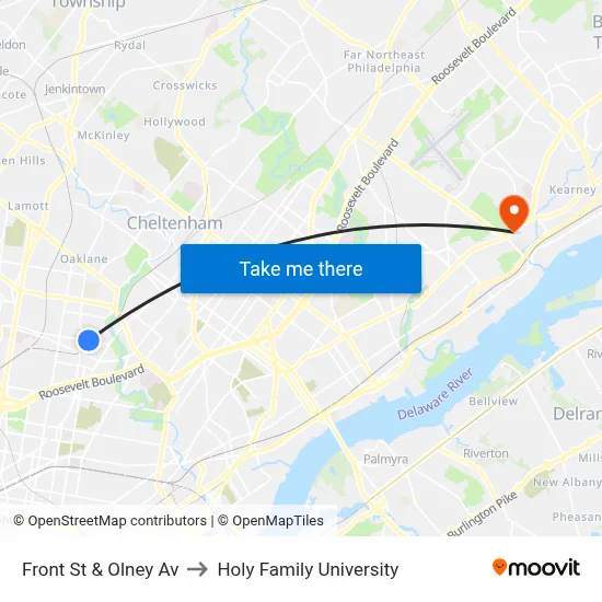 Front St & Olney Av to Holy Family University map