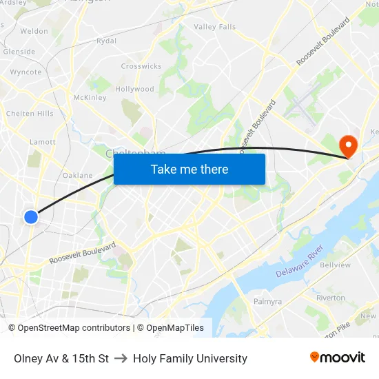 Olney Av & 15th St to Holy Family University map