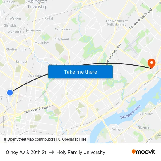 Olney Av & 20th St to Holy Family University map