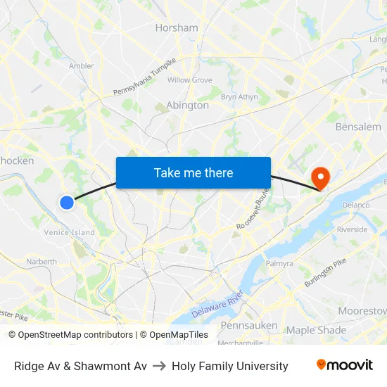 Ridge Av & Shawmont Av to Holy Family University map