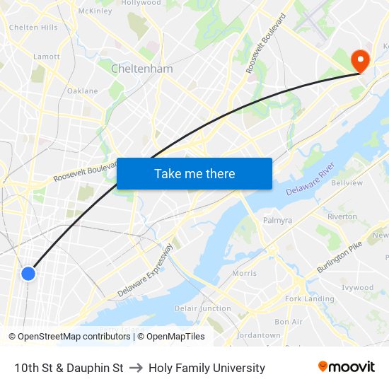 10th St & Dauphin St to Holy Family University map