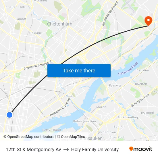 12th St & Montgomery Av to Holy Family University map