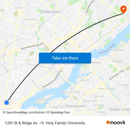 12th St & Ridge Av to Holy Family University map