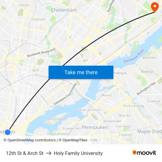 12th St & Arch St to Holy Family University map