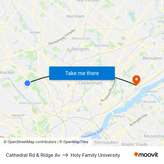 Cathedral Rd & Ridge Av to Holy Family University map