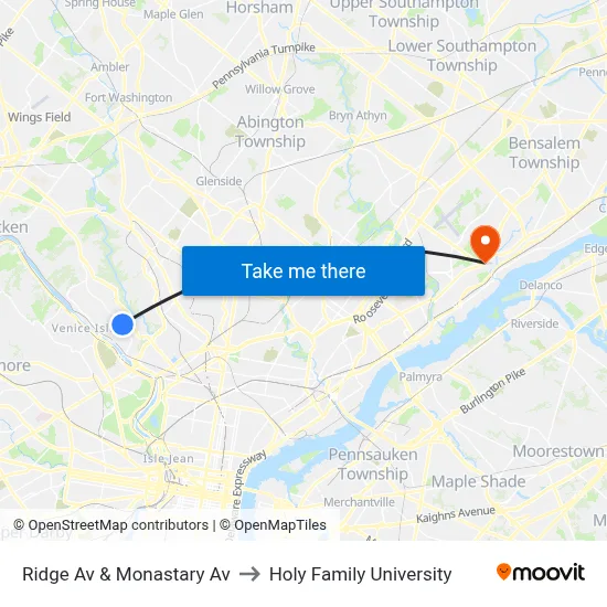 Ridge Av & Monastary Av to Holy Family University map