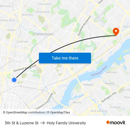5th St & Luzerne St to Holy Family University map