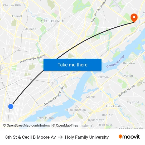 8th St & Cecil B Moore Av to Holy Family University map