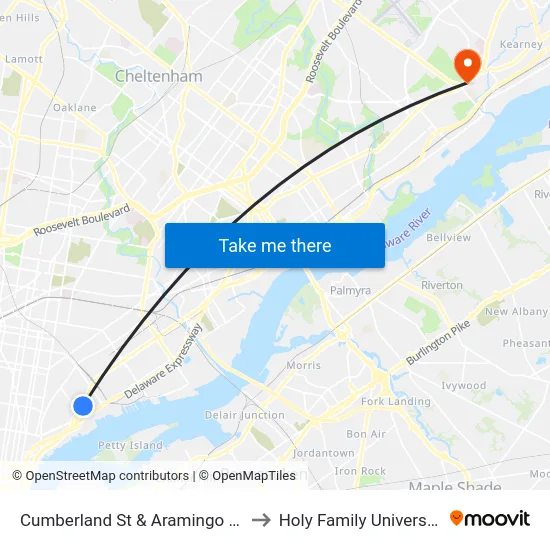Cumberland St & Aramingo Av to Holy Family University map