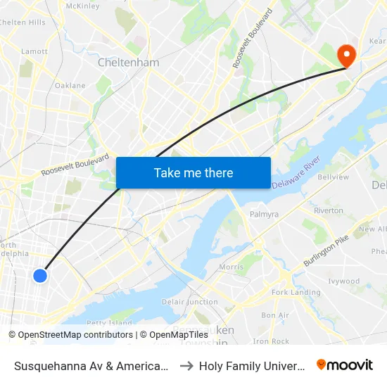 Susquehanna Av & American St to Holy Family University map