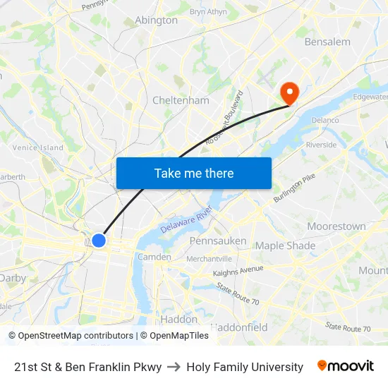 21st St & Ben Franklin Pkwy to Holy Family University map