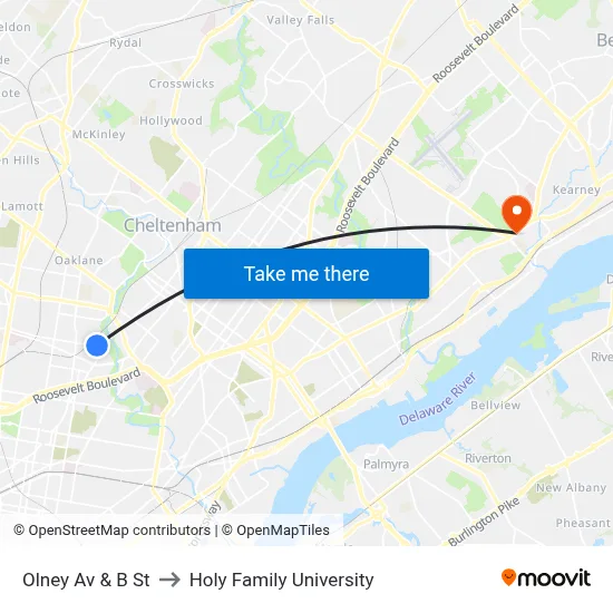 Olney Av & B St to Holy Family University map