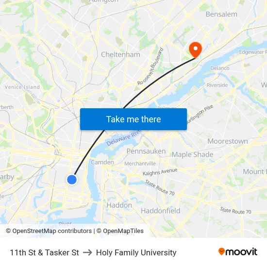 11th St & Tasker St to Holy Family University map