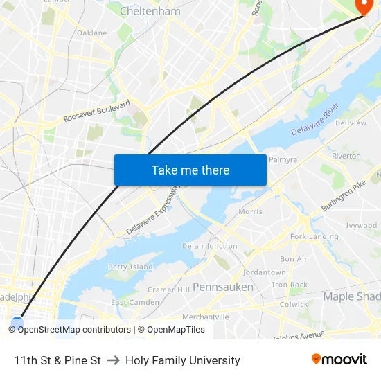 11th St & Pine St to Holy Family University map