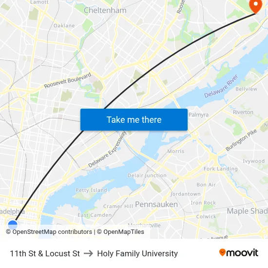 11th St & Locust St to Holy Family University map
