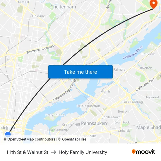 11th St & Walnut St to Holy Family University map