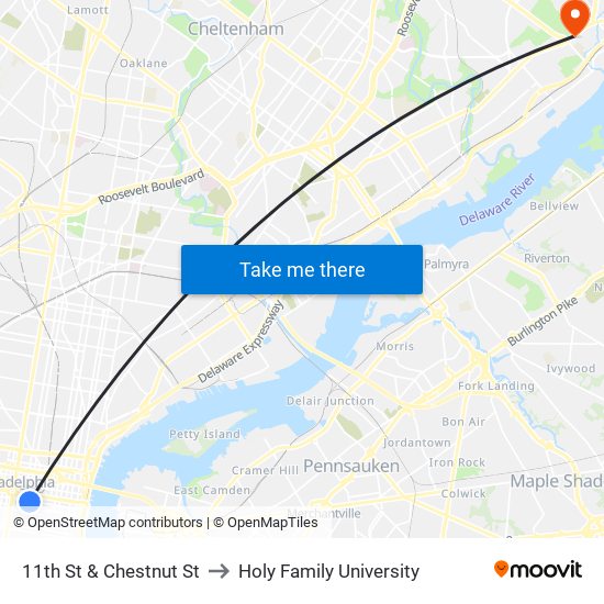 11th St & Chestnut St to Holy Family University map