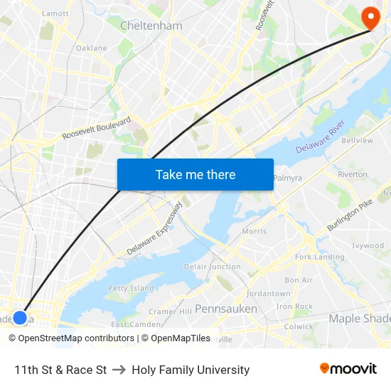 11th St & Race St to Holy Family University map