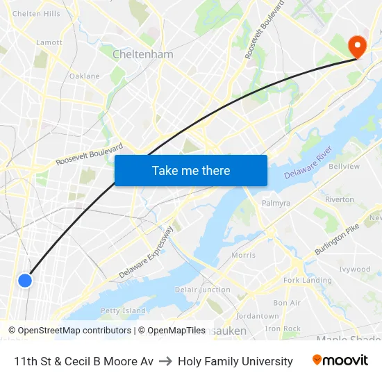 11th St & Cecil B Moore Av to Holy Family University map