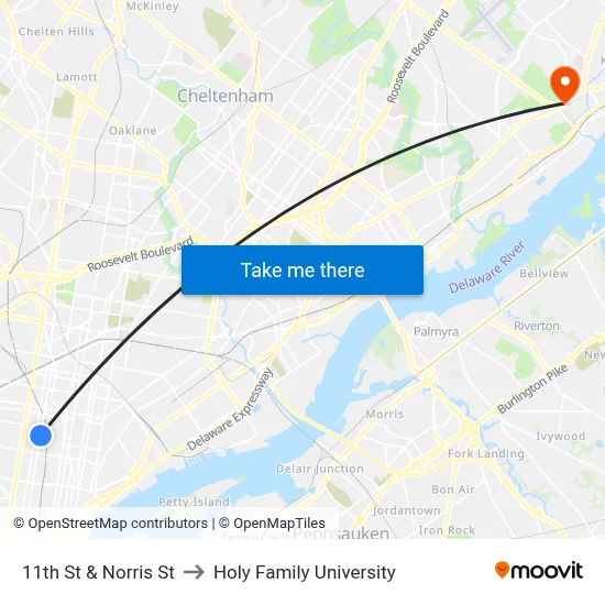 11th St & Norris St to Holy Family University map