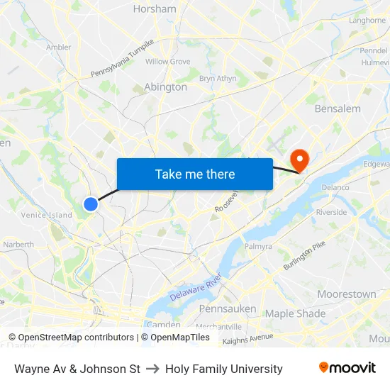 Wayne Av & Johnson St to Holy Family University map