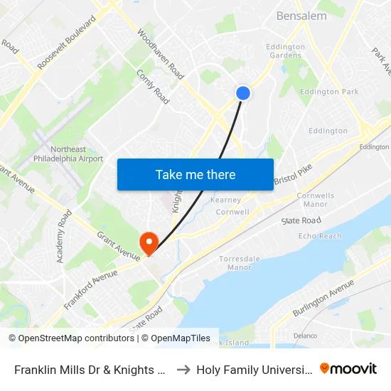 Franklin Mills Dr & Knights Rd to Holy Family University map