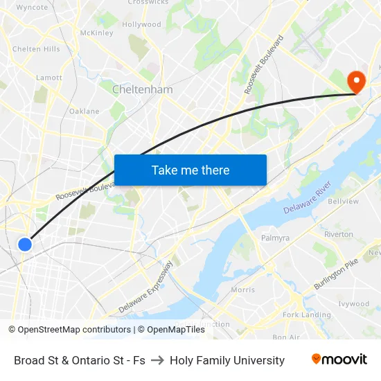 Broad St & Ontario St - Fs to Holy Family University map