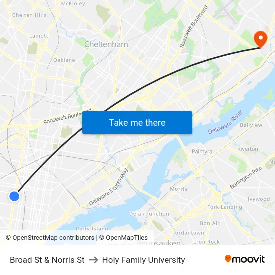 Broad St & Norris St to Holy Family University map
