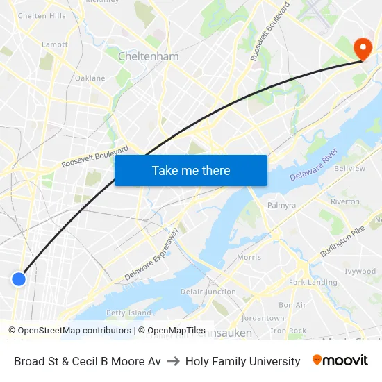 Broad St & Cecil B Moore Av to Holy Family University map
