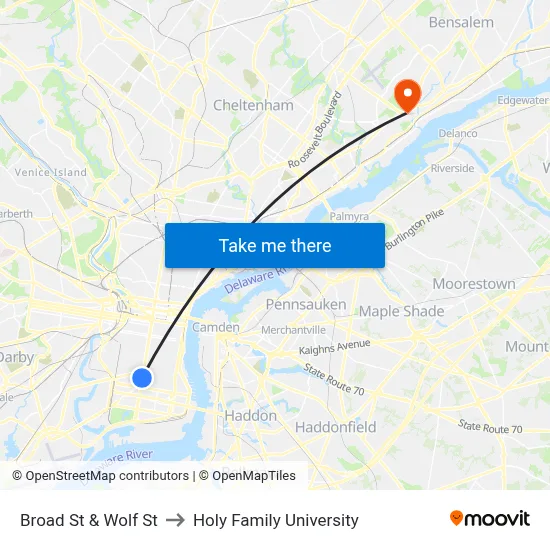 Broad St & Wolf St to Holy Family University map