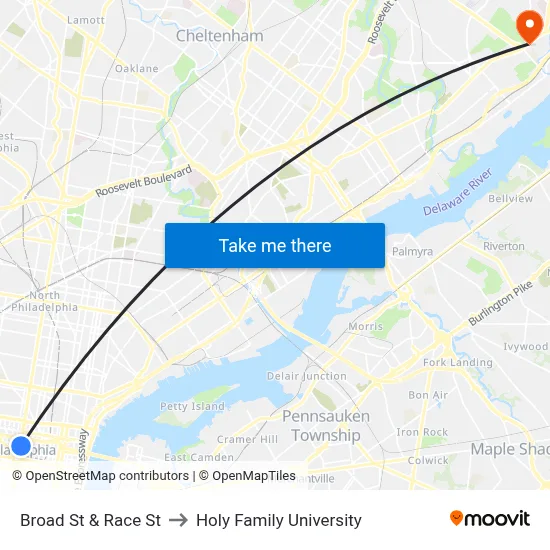 Broad St & Race St to Holy Family University map