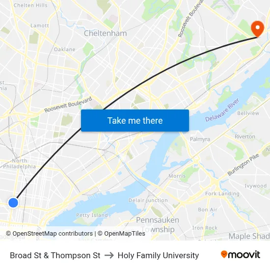 Broad St & Thompson St to Holy Family University map