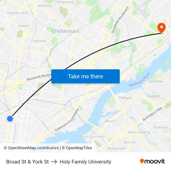 Broad St & York St to Holy Family University map