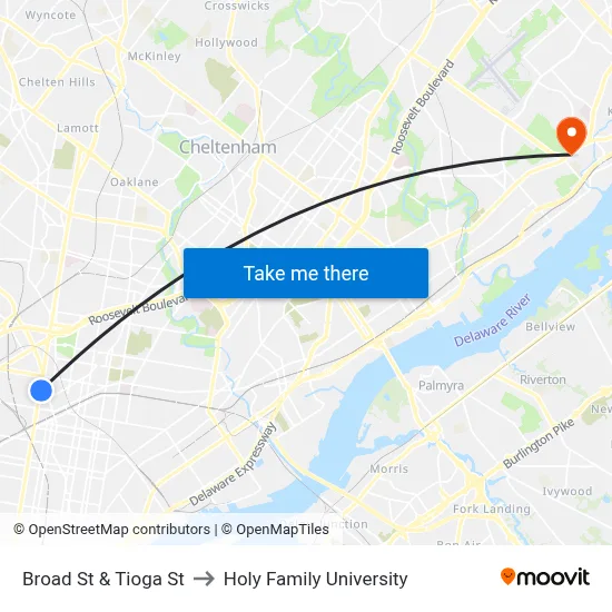 Broad St & Tioga St to Holy Family University map