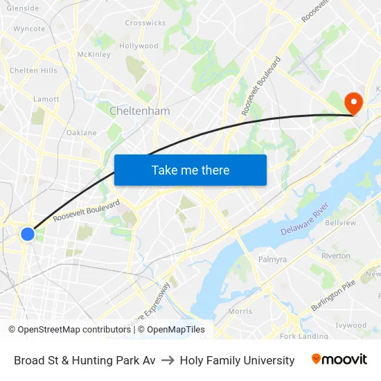 Broad St & Hunting Park Av to Holy Family University map