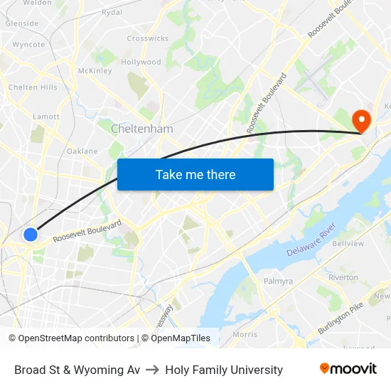 Broad St & Wyoming Av to Holy Family University map
