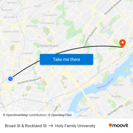 Broad St & Rockland St to Holy Family University map
