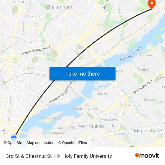 3rd St & Chestnut St to Holy Family University map