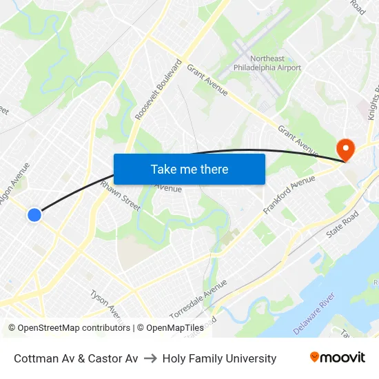 Cottman Av & Castor Av to Holy Family University map